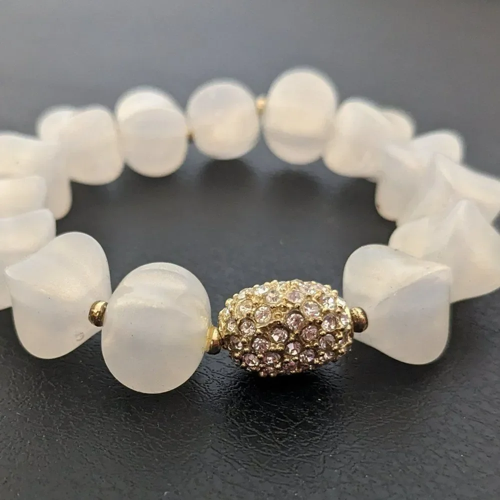 Set of 2 White Opalescent & Crystal Ball & Oval Bracelets - Elastic -